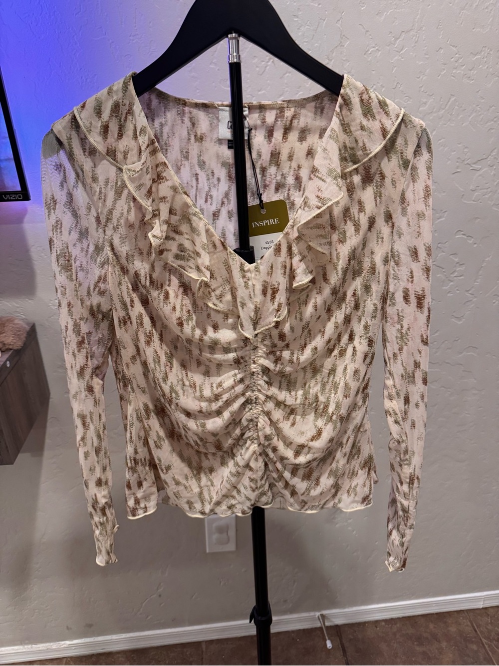 Cabi Ruched V-Neck Ruffle Blouse in Cream and Green Tan Print with Mesh Sleeves